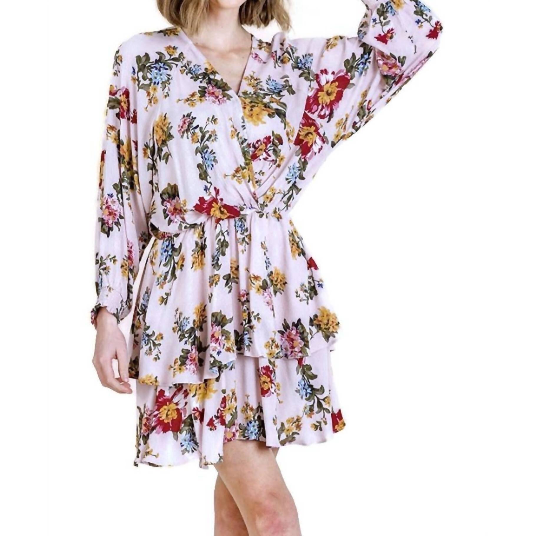 New Umgee Floral Tiered Ruffle Hem Dress In Blush